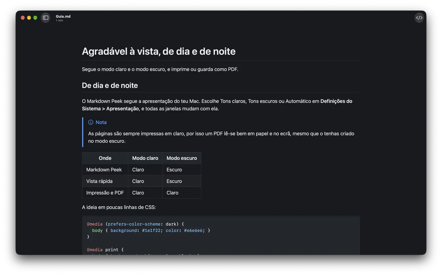 O Markdown Peek no modo escuro, com um destaque Nota, uma tabela e um bloco de código CSS.