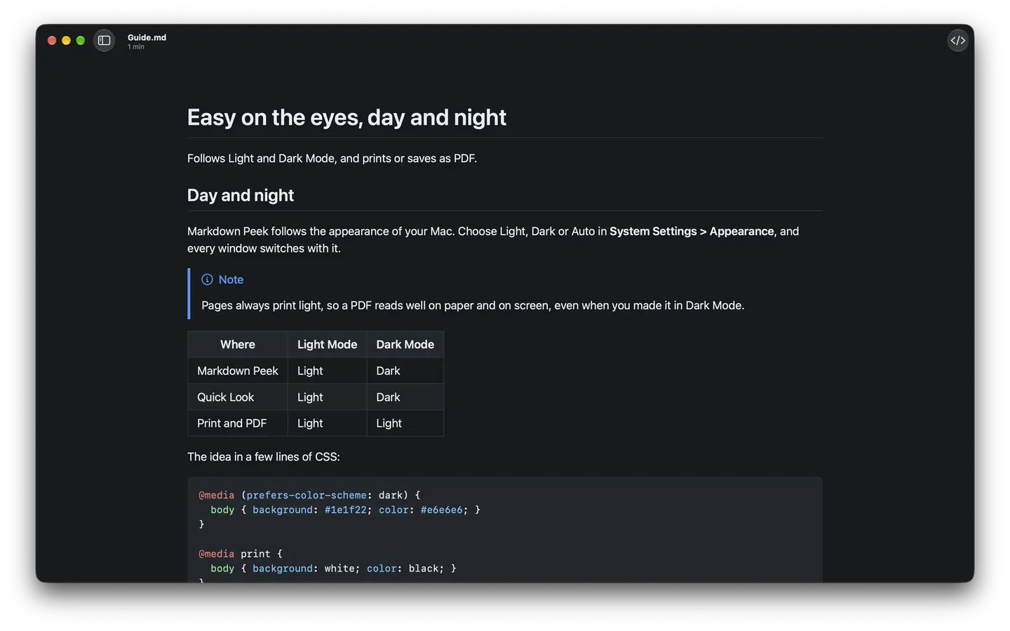 Markdown Peek in dark mode, with a Note callout, a table, and a CSS code block.