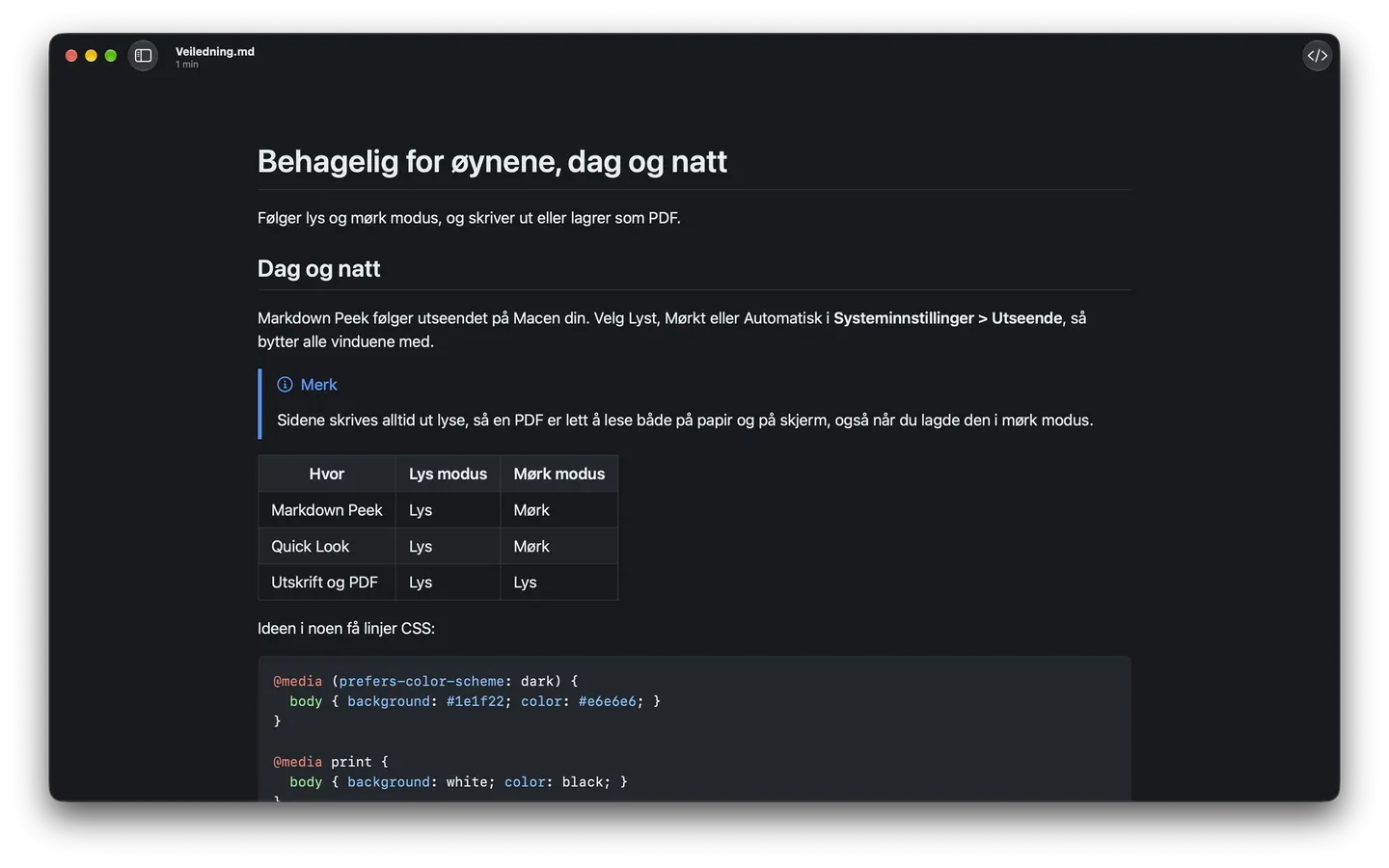 Markdown Peek i mørk modus, med en merk-boks, en tabell og en CSS-kodeblokk.