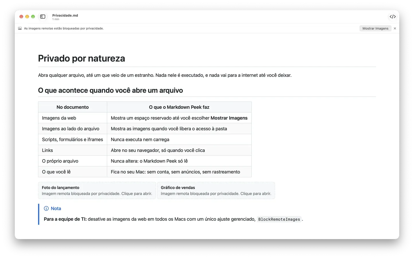 O Markdown Peek com um aviso de privacidade bloqueando imagens remotas e uma tabela do que acontece com imagens, scripts e links de um documento.