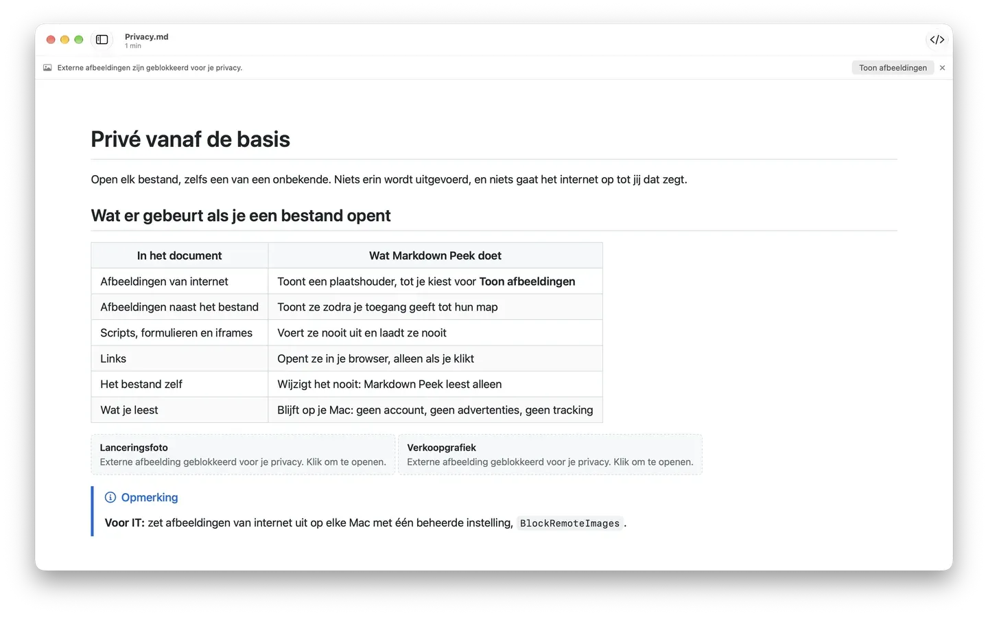 Markdown Peek met een privacybanner die externe afbeeldingen blokkeert en een tabel met wat er met afbeeldingen, scripts en links in een document gebeurt.
