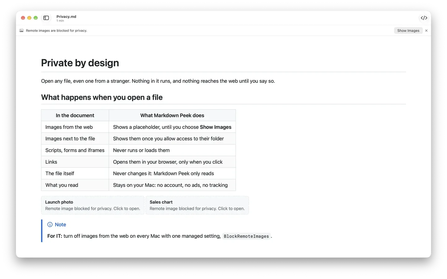 Markdown Peek with a privacy banner blocking remote images, and a table of what happens to images, scripts, and links in a document.