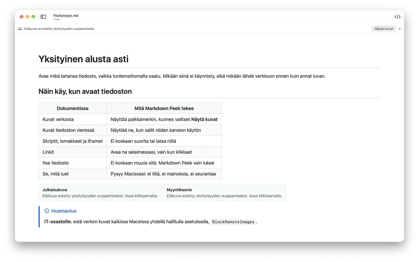 Markdown Peek, jossa yksityisyysilmoitus estää etäkuvat, sekä taulukko siitä, mitä dokumentin kuville, skripteille ja linkeille tapahtuu.