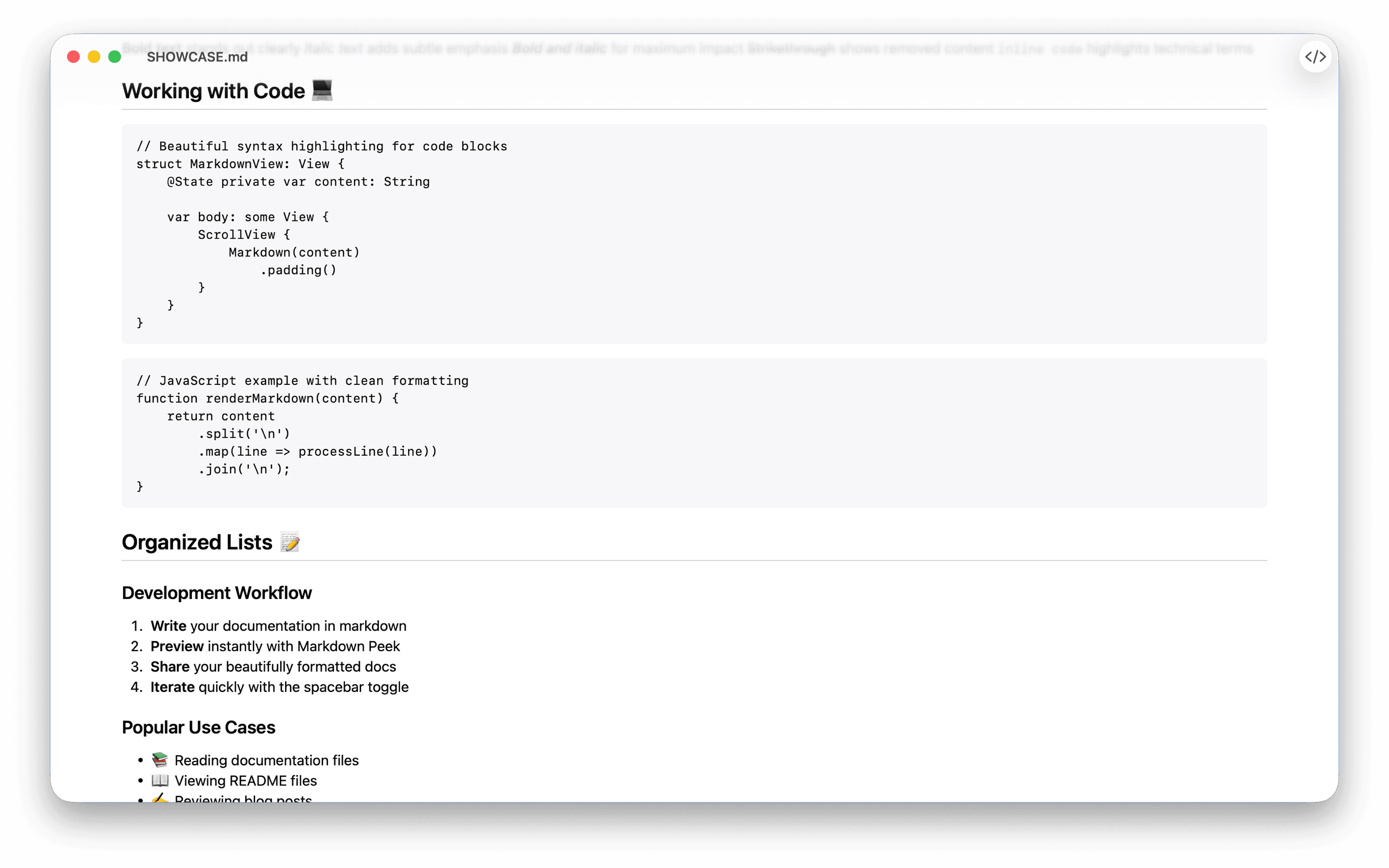 Code syntax highlighting and formatting support