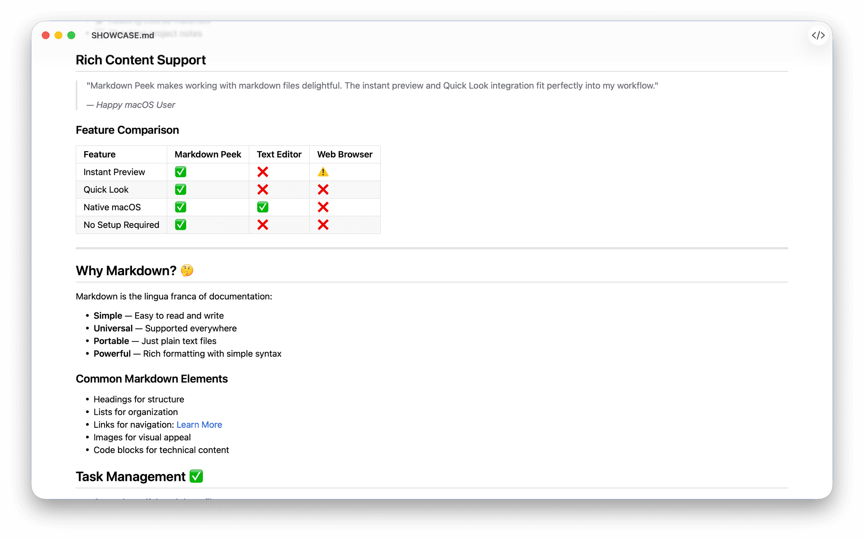 Feature comparison showing Markdown Peek advantages