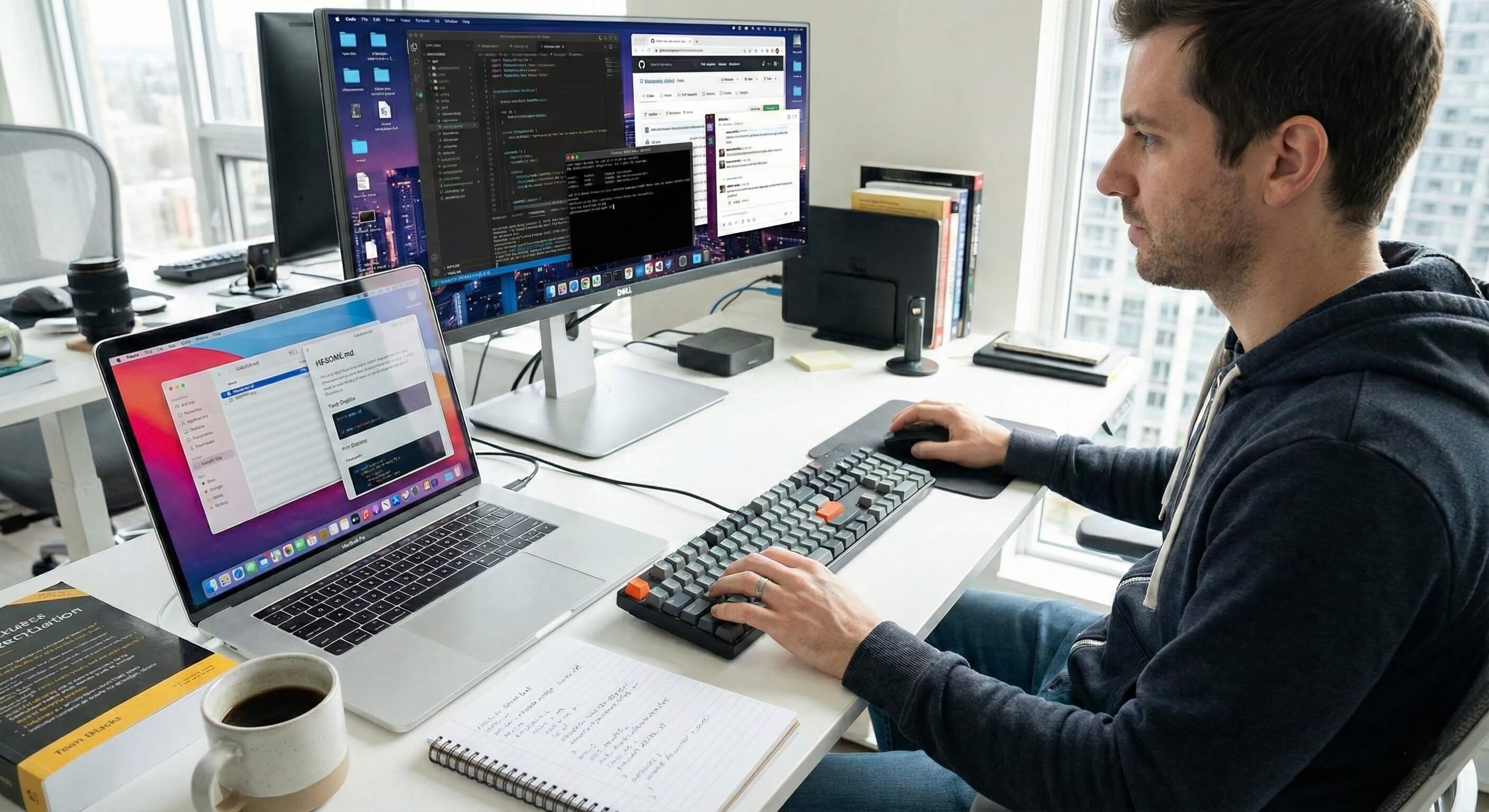 Developer working with multiple monitors showing code and documentation