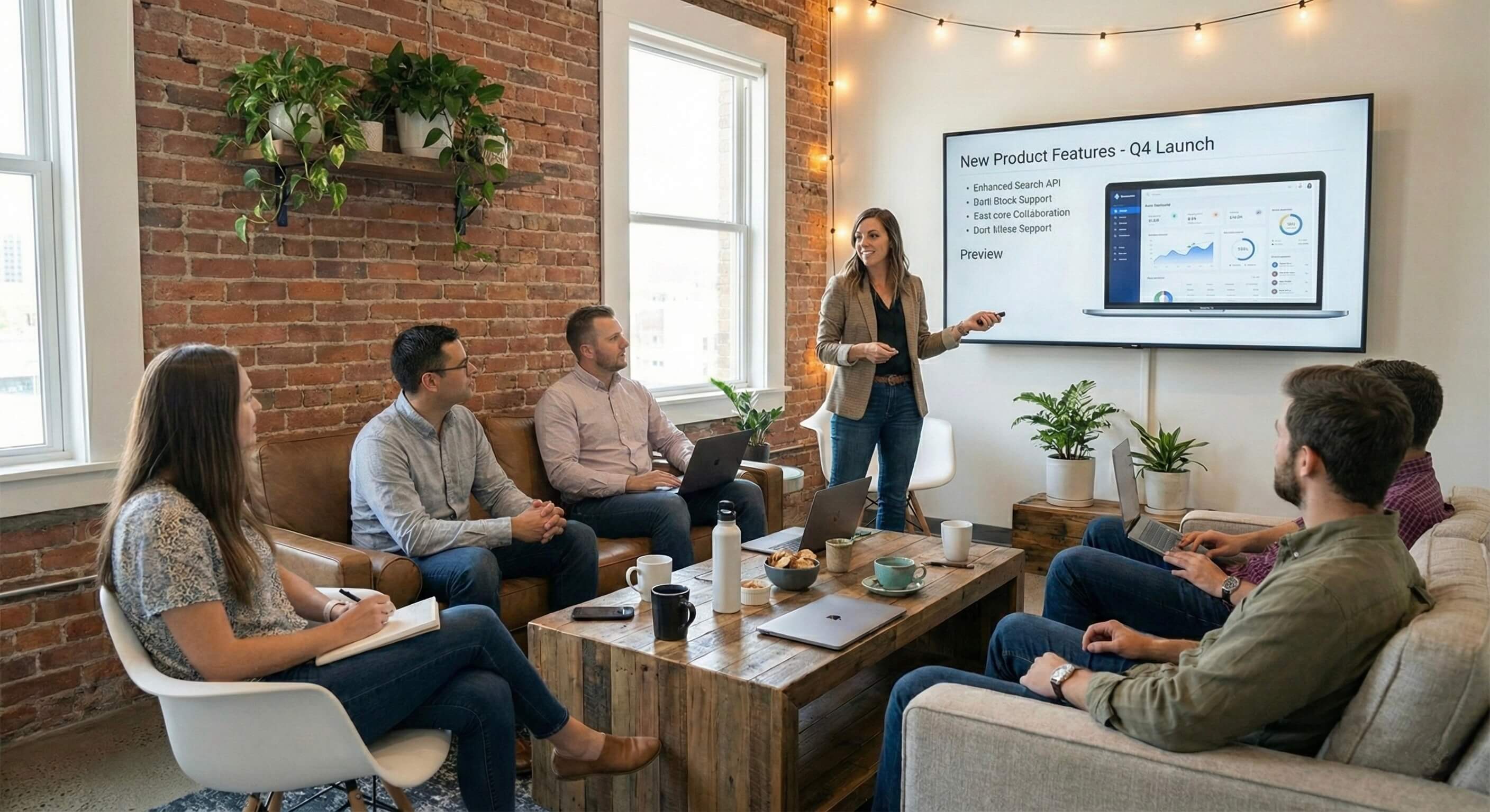 Documentation team collaborating on product features in a modern office