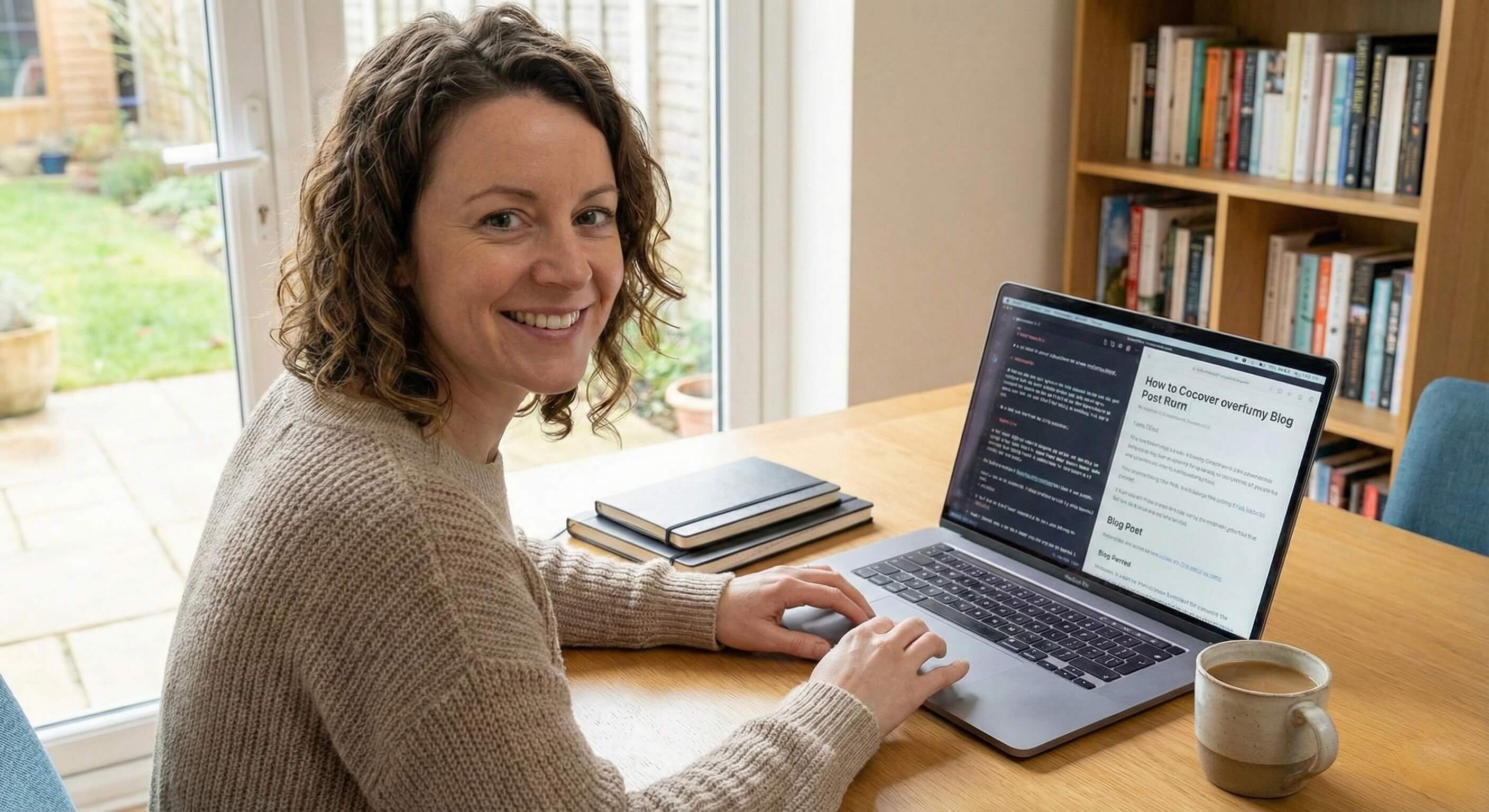 Writer working on a laptop with a blog post in a cozy home office