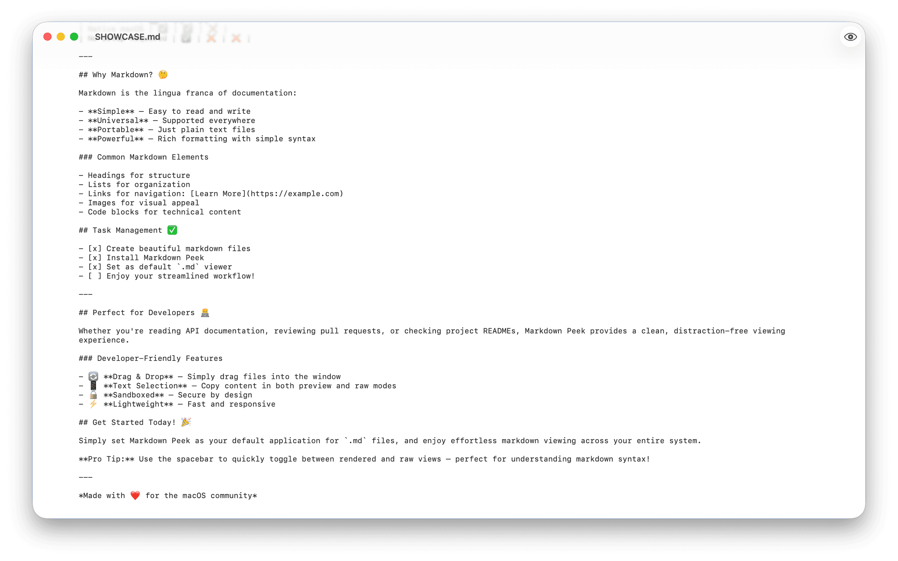 Markdown Peek showing raw markdown text view with syntax visible